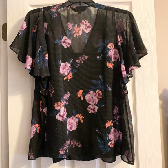 Rachel Roy Natalie Flutter Top 0X Sheer with Cami Black Blue Floral Relaxed Fit - Picture 12 of 13